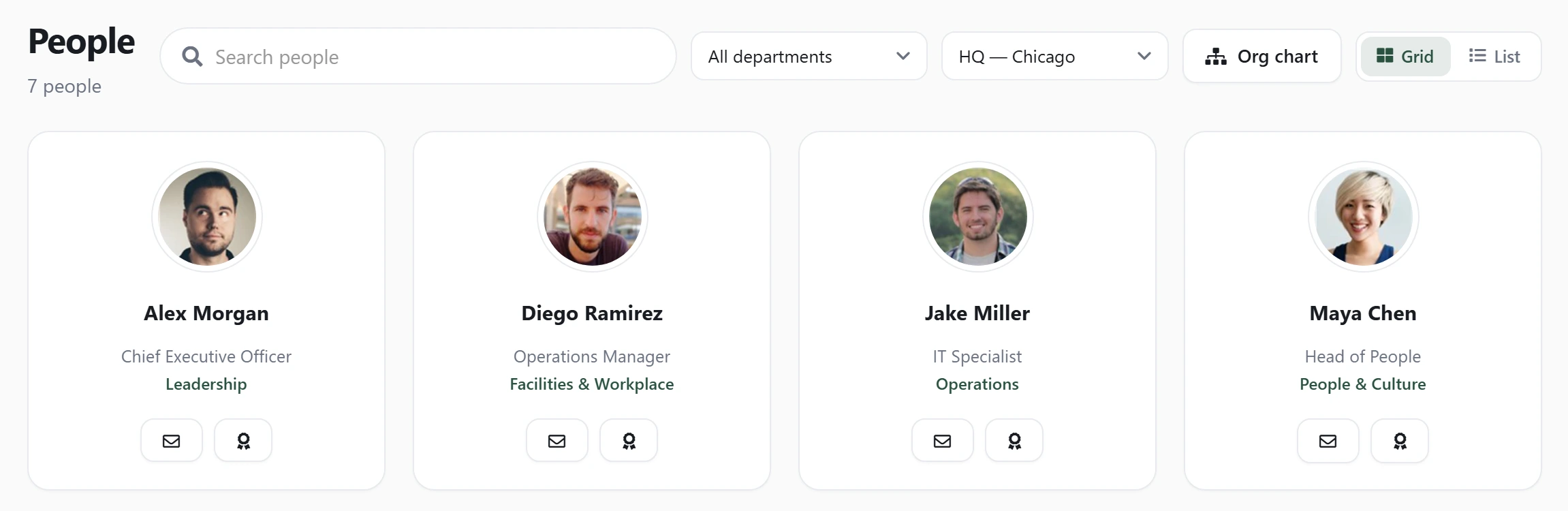 The Axero Go people directory filtered to the HQ — Chicago office: a search box, an All departments dropdown and an HQ — Chicago dropdown above four profile cards, each with a photo, name, job title, department and buttons to email or recognize that person.
