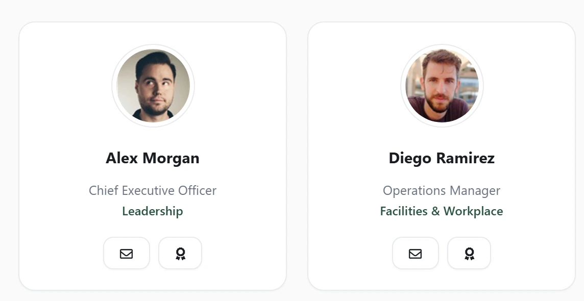 Two profile cards from the Axero Go people directory, each with a photo, name, job title and department.