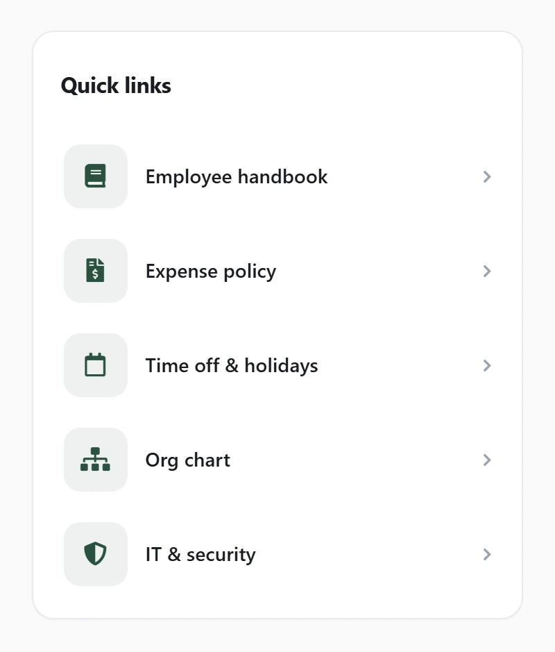 The Quick links card on an Axero Go home page: five rows — Employee handbook, Expense policy, Time off & holidays, Org chart and IT & security — each with its own icon and a chevron to open it.