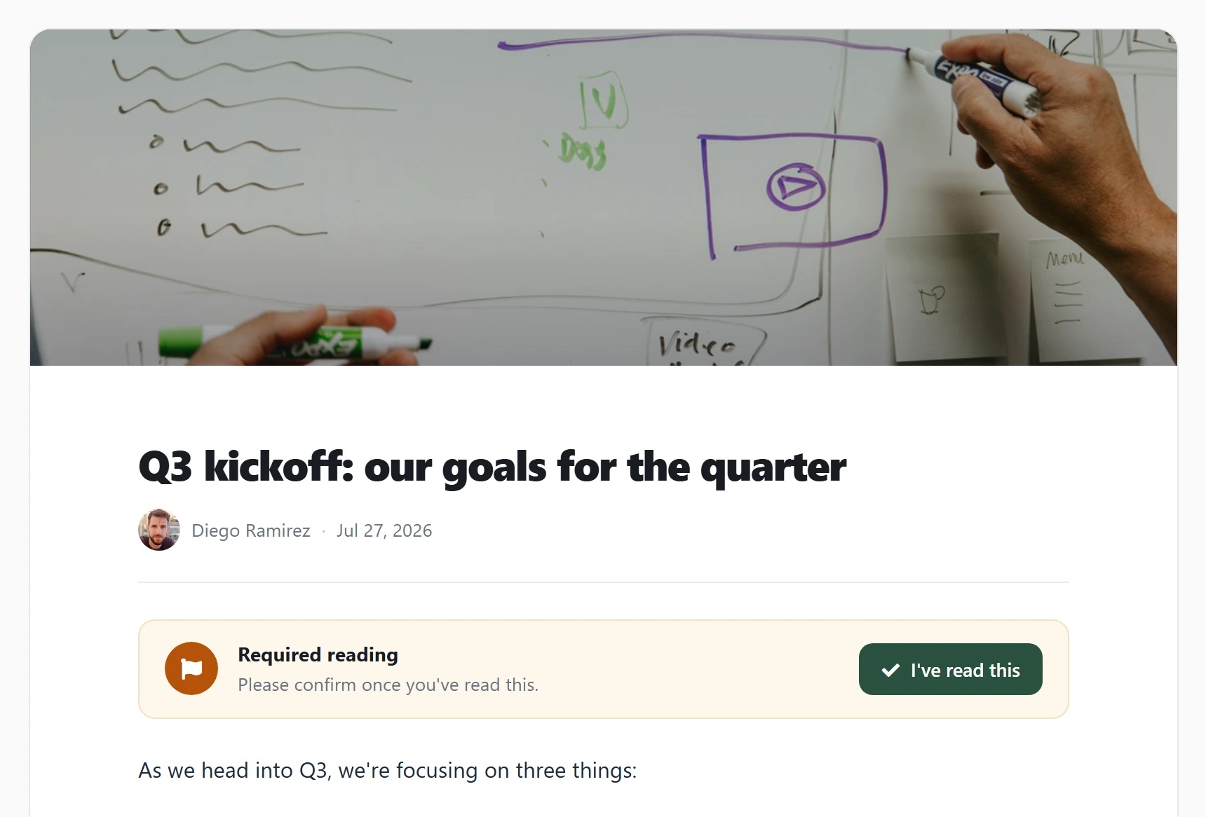 A Northfield news article headed “Q3 kickoff: our goals for the quarter”, by Diego Ramirez on Jul 27, 2026, with a Required reading banner under the byline that says “Please confirm once you’ve read this” beside an “I’ve read this” button.