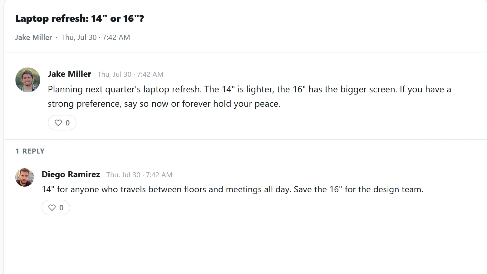 An Axero Go discussion thread: a question about a laptop refresh with its author and timestamp, and one threaded reply, each with a reaction count.