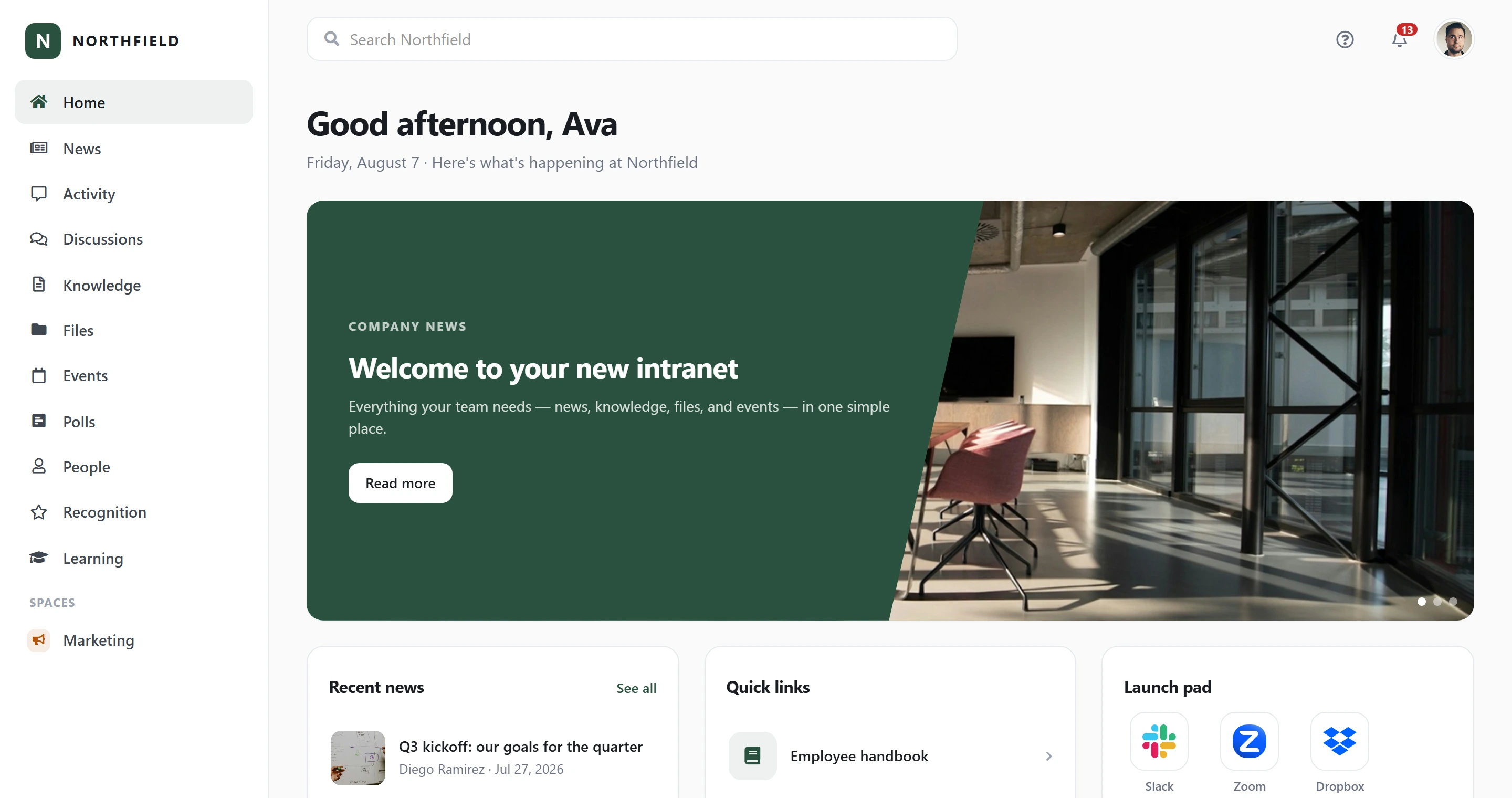 The Axero Go home page showing a personal greeting, a featured news banner, recent news, quick links and a launch pad of app shortcuts.