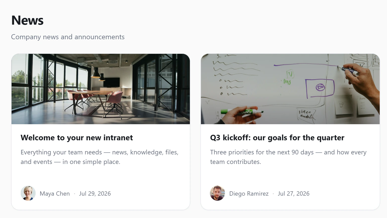 The Axero Go news page with two story cards side by side, each showing a cover photo, headline, summary, author and publication date.