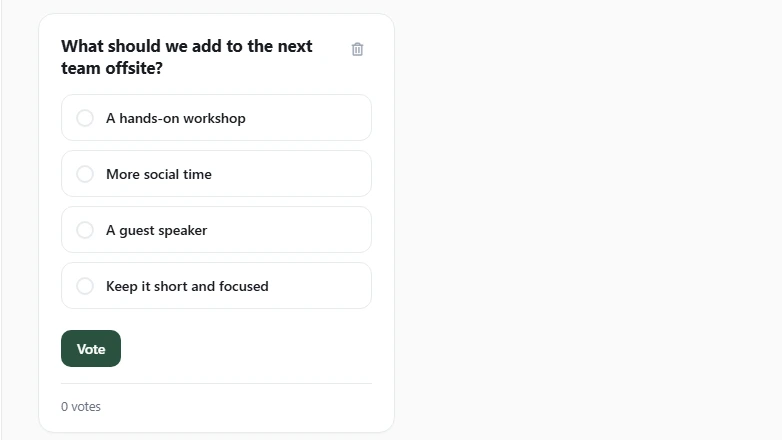 An Axero Go poll card asking what to add to the next team offsite, with four answer options, a Vote button and a live vote count.