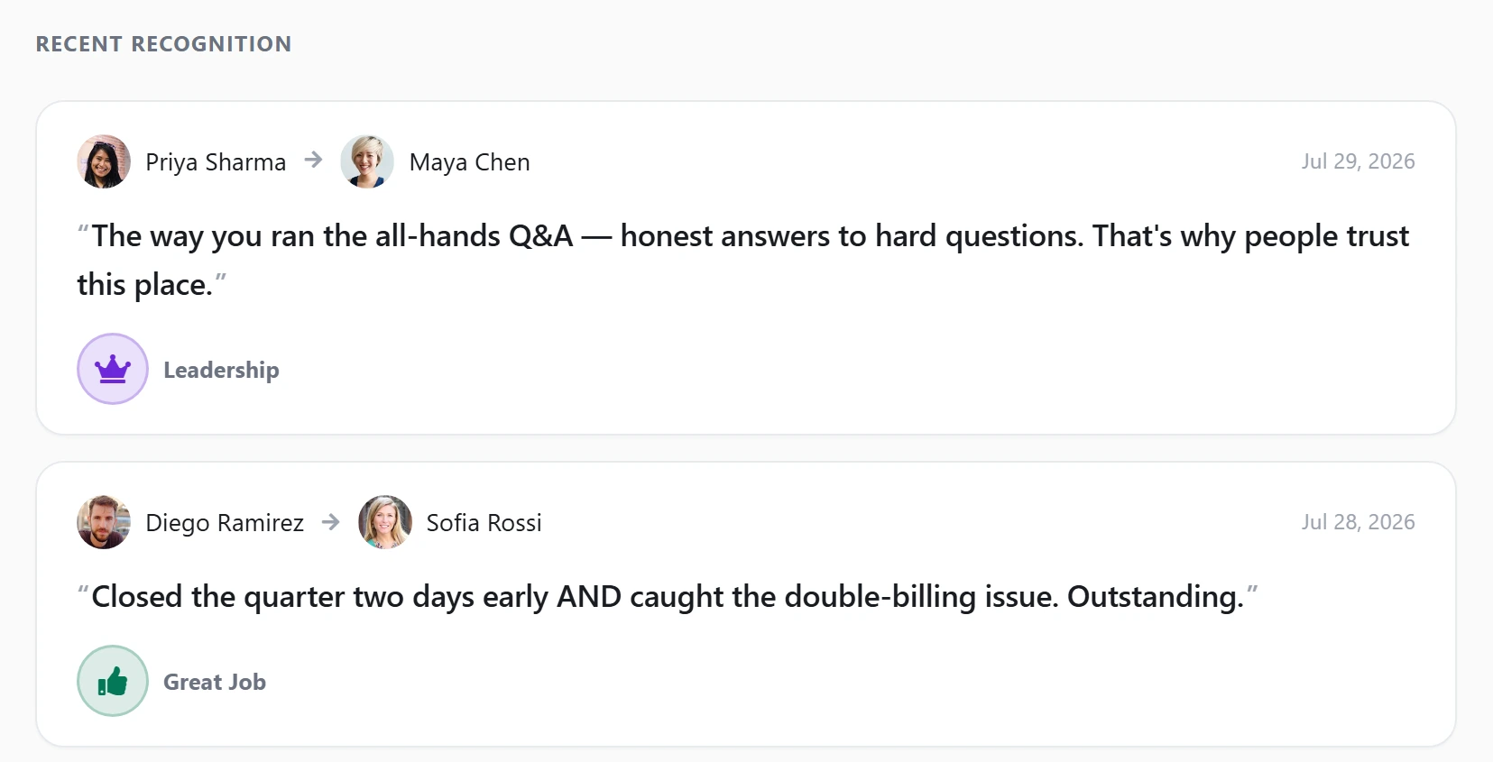 The Axero Go recognition feed: two kudos cards, each showing who thanked whom, the date, the message and the badge awarded — Leadership and Great Job.