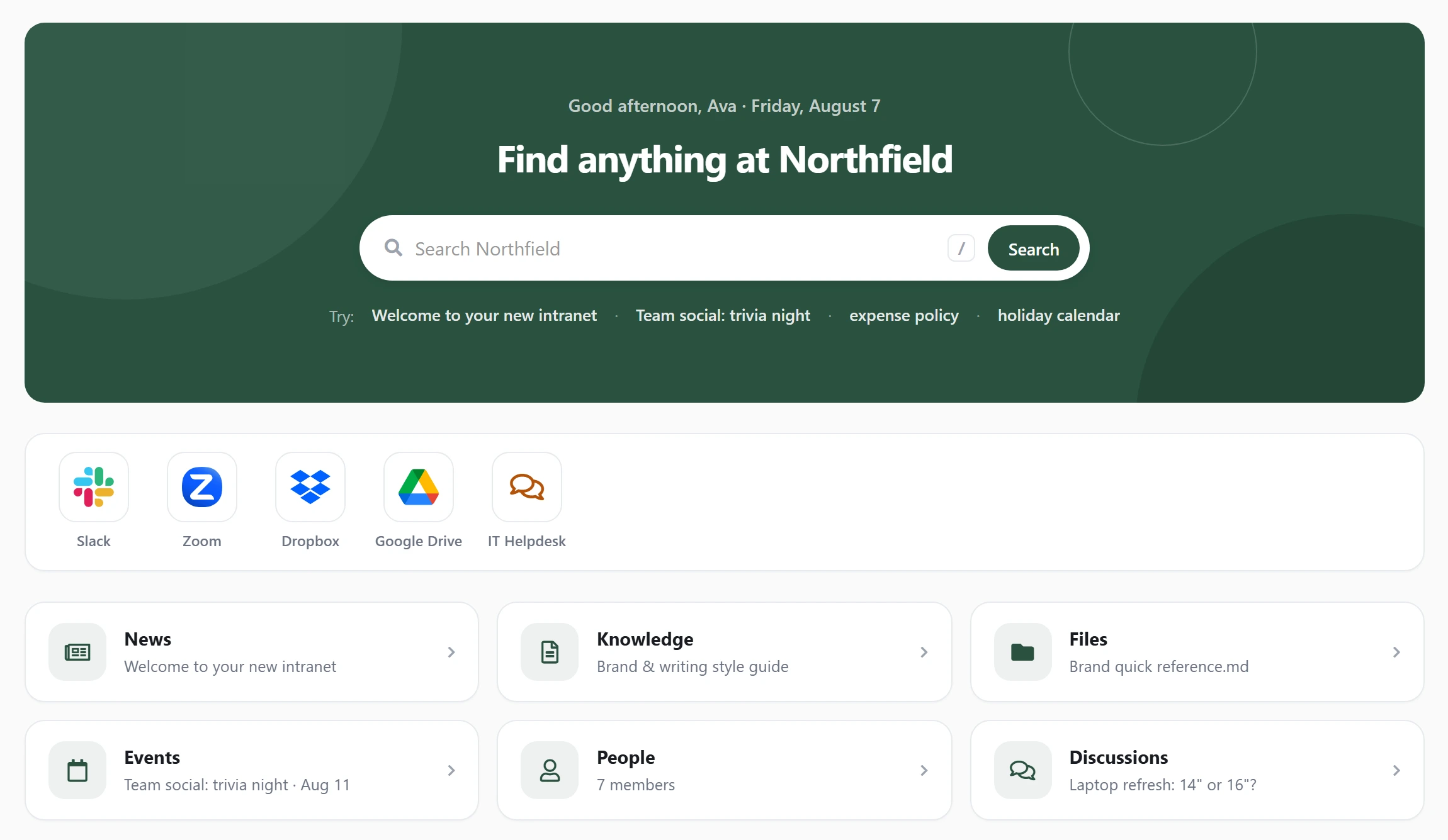 An Axero Go home page using the Hub layout: a 'Find anything at Northfield' banner with a large search bar and suggested searches, above app shortcuts and jump cards for news, knowledge, files, events, people and discussions.