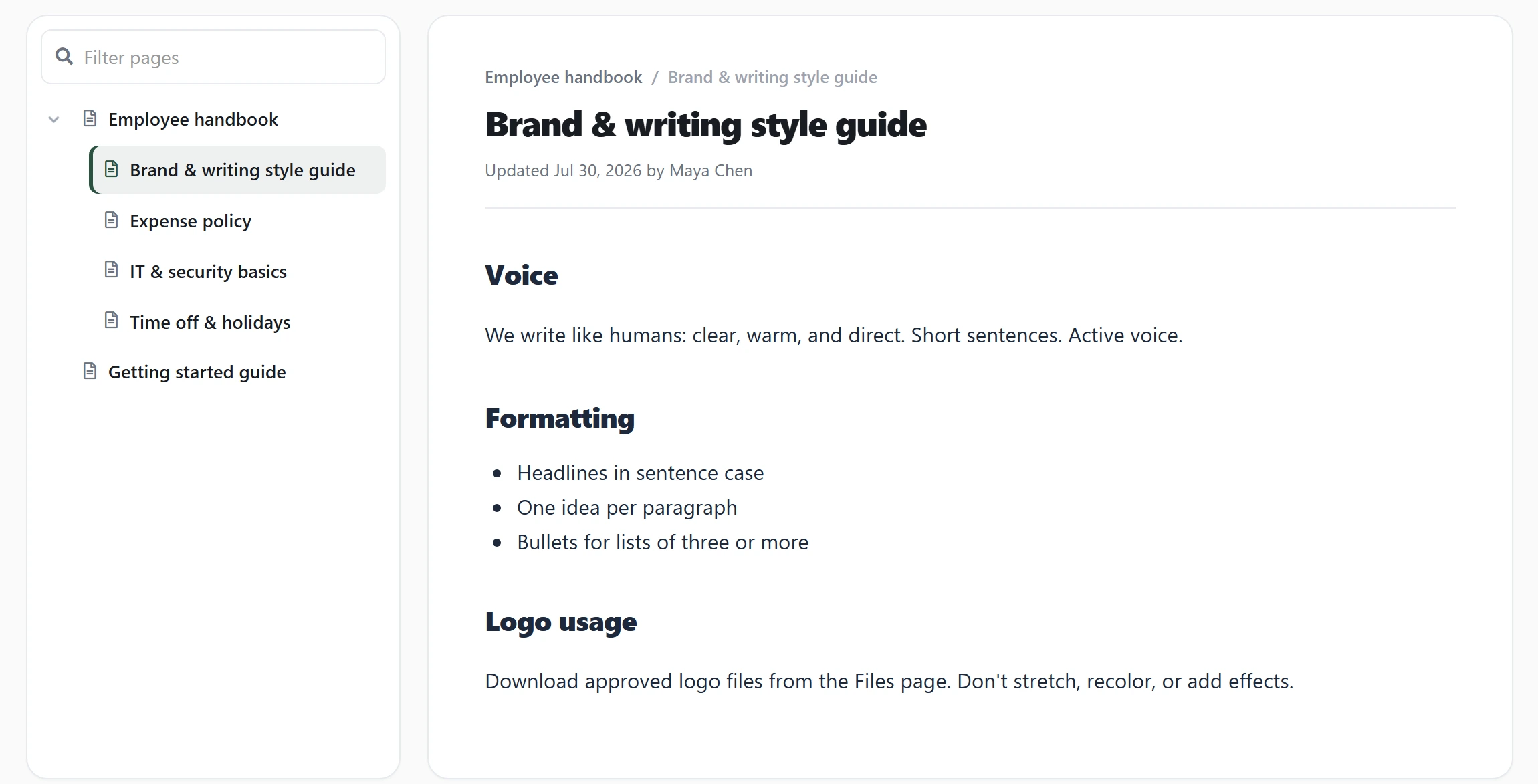 The Axero Go knowledge base: a nested page tree with the employee handbook expanded, beside the 'Brand & writing style guide' article showing its breadcrumb, last-updated line and formatted sections.