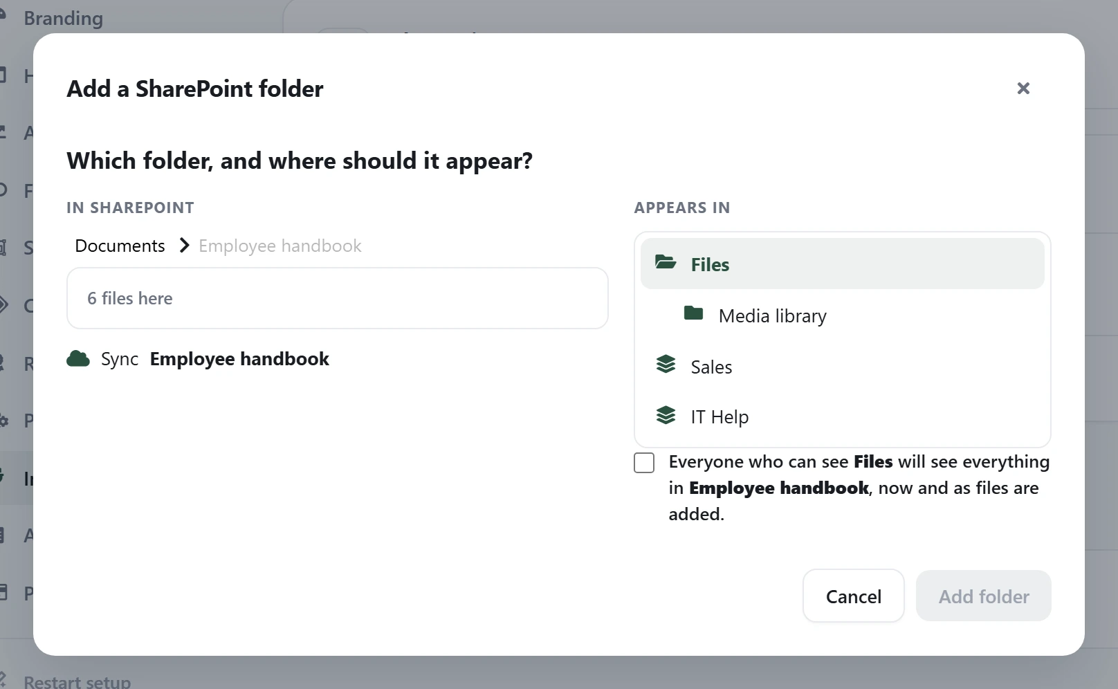The Add a SharePoint folder dialog: on the left, Documents › Employee handbook with “6 files here” and “Sync Employee handbook”; on the right, an Appears in tree with Files selected, a Media library folder, and the Sales and IT Help spaces, above a checkbox reading “Everyone who can see Files will see everything in Employee handbook, now and as files are added.”