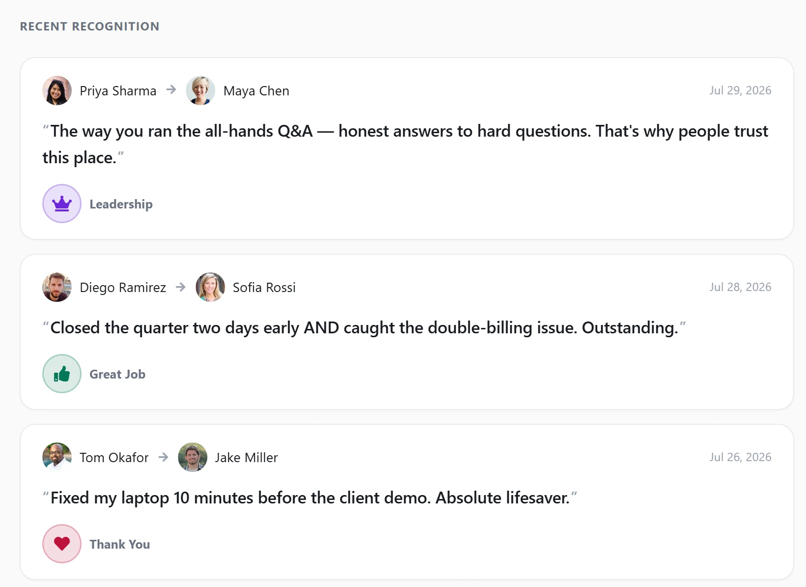 The Axero Go recognition feed: three kudos posts — Priya Sharma to Maya Chen under a Leadership badge, Diego Ramirez to Sofia Rossi under a Great Job badge, and Tom Okafor to Jake Miller under a Thank You badge — each with both people’s photos, the message and the date.