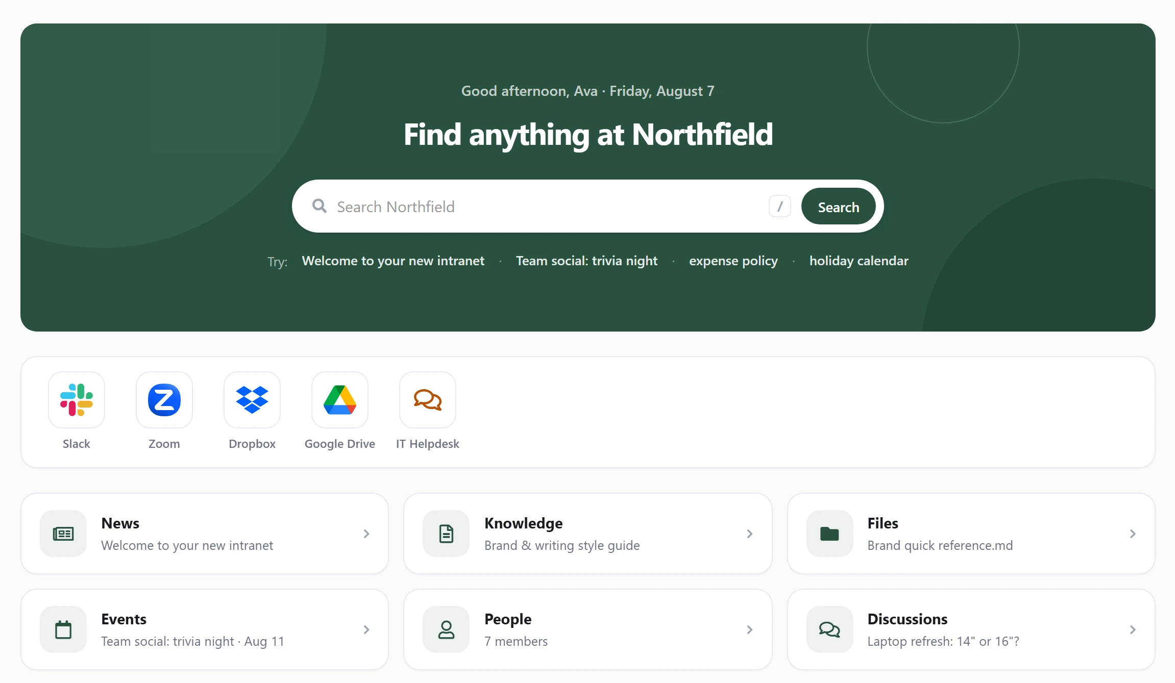 An Axero Go home page on the Hub layout: a green panel headed “Find anything at Northfield” with a search box and four suggested searches, a strip of app shortcuts, and six typed cards for News, Knowledge, Files, Events, People and Discussions, each naming the item it opens.