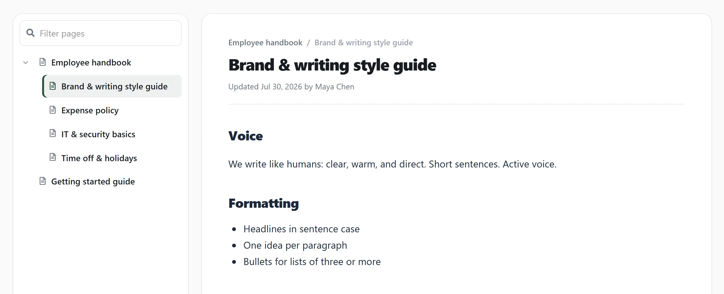 The Axero Go knowledge base: a page tree with the Employee handbook expanded into Brand & writing style guide, Expense policy, IT & security basics and Time off & holidays, beside the open article showing its breadcrumb, the line “Updated Jul 30, 2026 by Maya Chen”, and its Voice, Formatting and Logo usage sections.