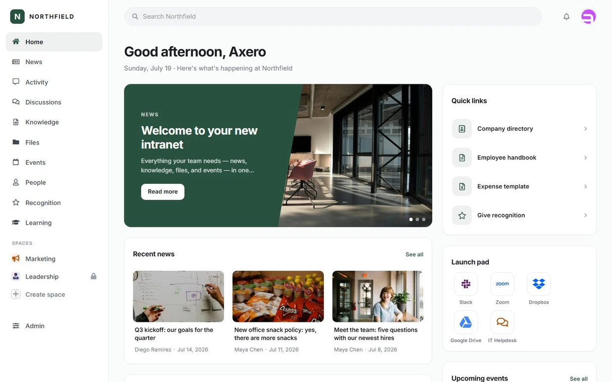 The Classic home page layout in Axero Go.