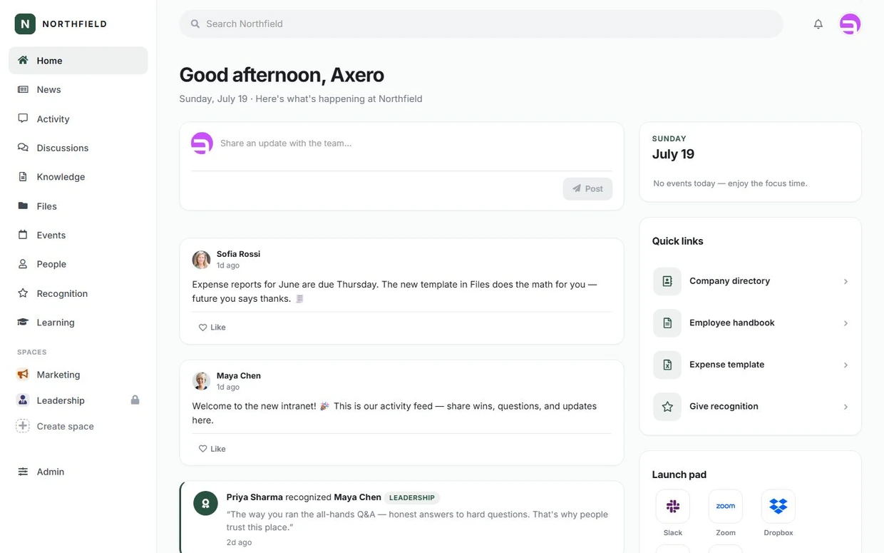 The Newsfeed home page layout in Axero Go.