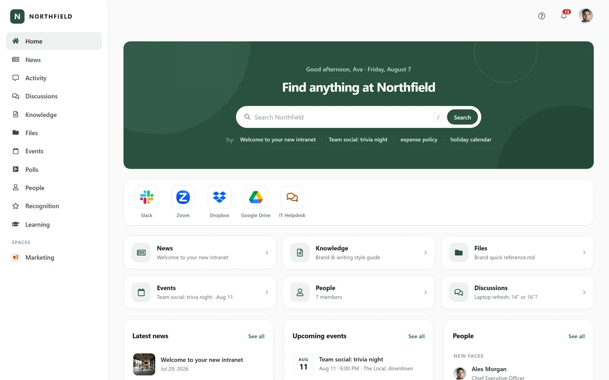 The Hub home page layout in Axero Go.